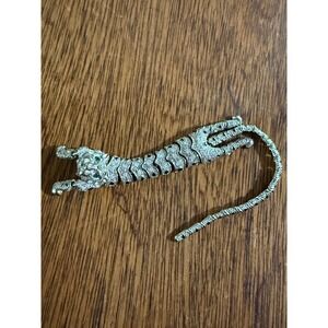 Articulated Panther Leopard Brooch Pin Silver Tone Rhinestone Green Eyes Feline